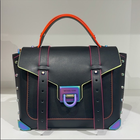 Michael Kors MK Manhattan neon contrast
trim black satchel bag crossbody - Picture 2 of 9